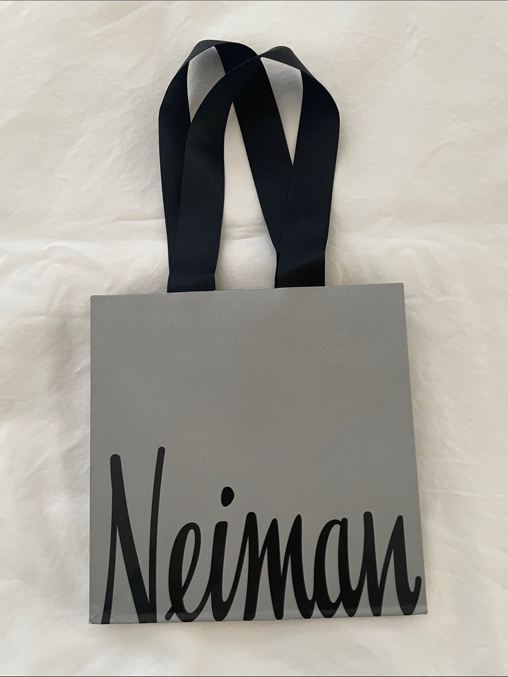 Neiman Marcus Gray Shopping Bag with Black Ribbon Handles